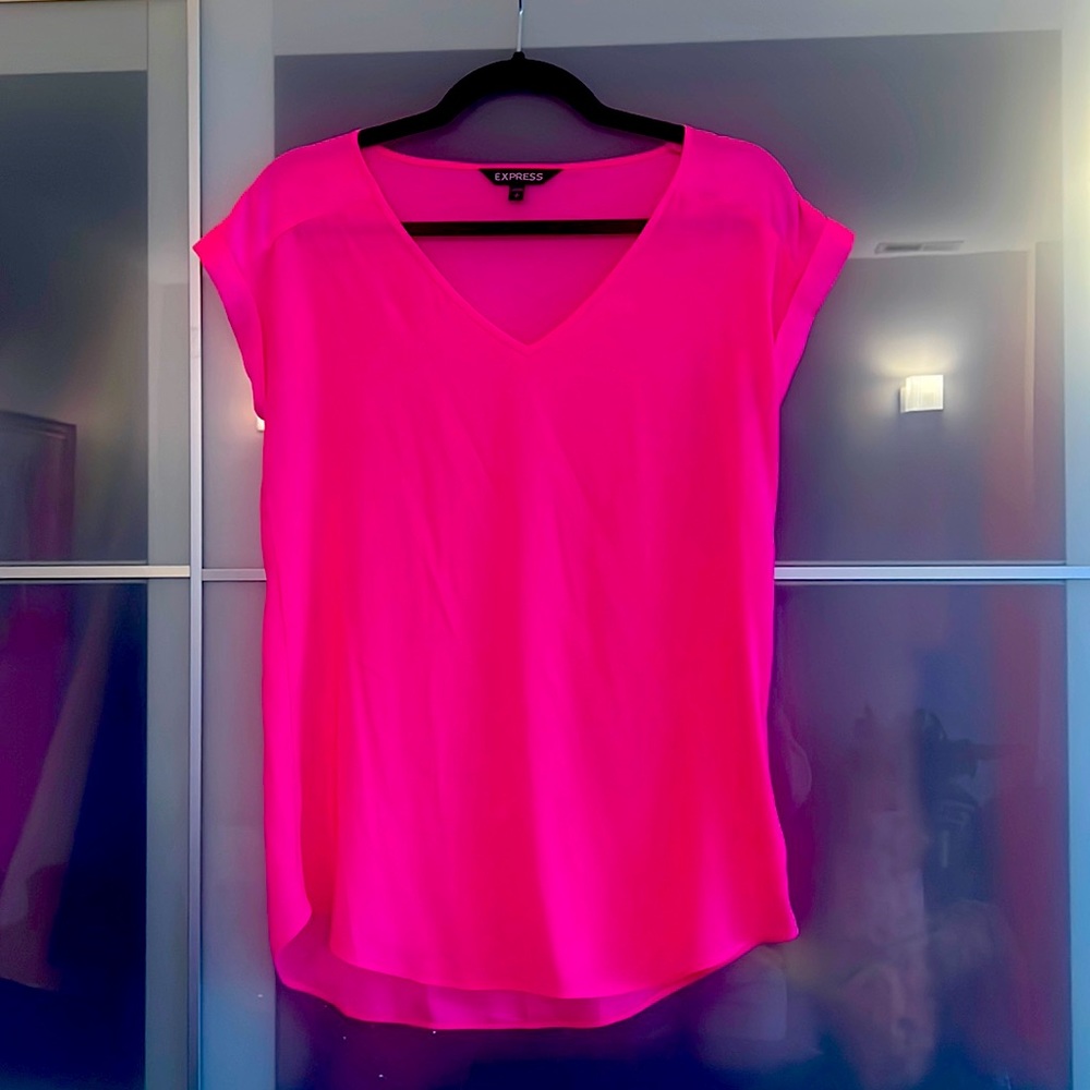 Express Satin Hot Pink V-Neck Cap Sleeve Blouse